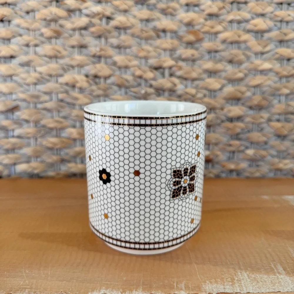Anthropologie Coffee Mug Monogram Letter T Gold & Black Bistro Tile Honeycomb